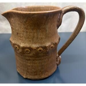 VTG Art Studio Pottery Pitcher Brown Glaze Textured Details Primitive 6” X 4.75”